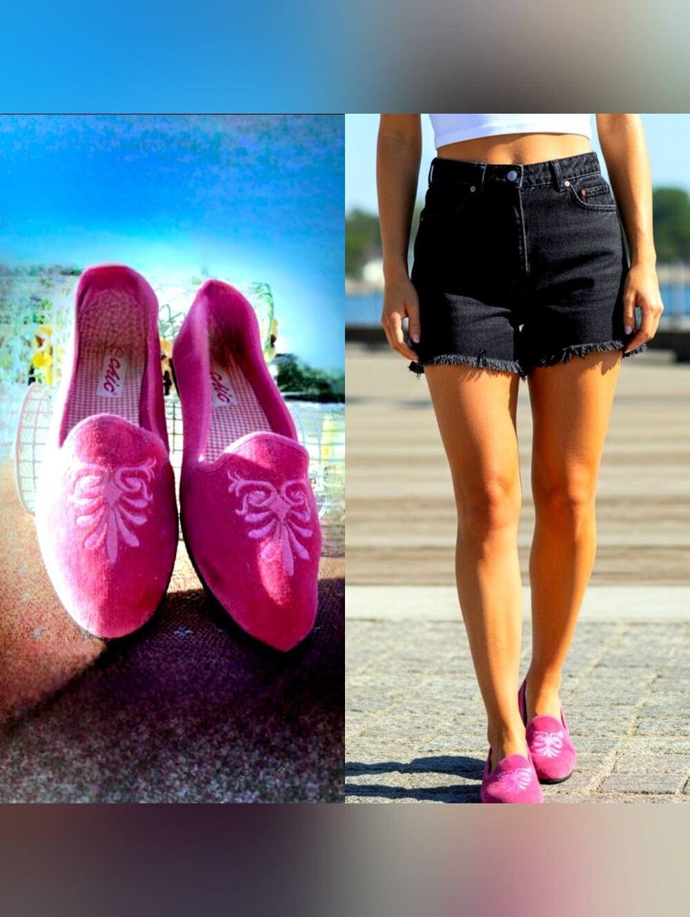 Vtg 80s Chic bright pink embroidered victorian scrolls velveteen flats 7.5